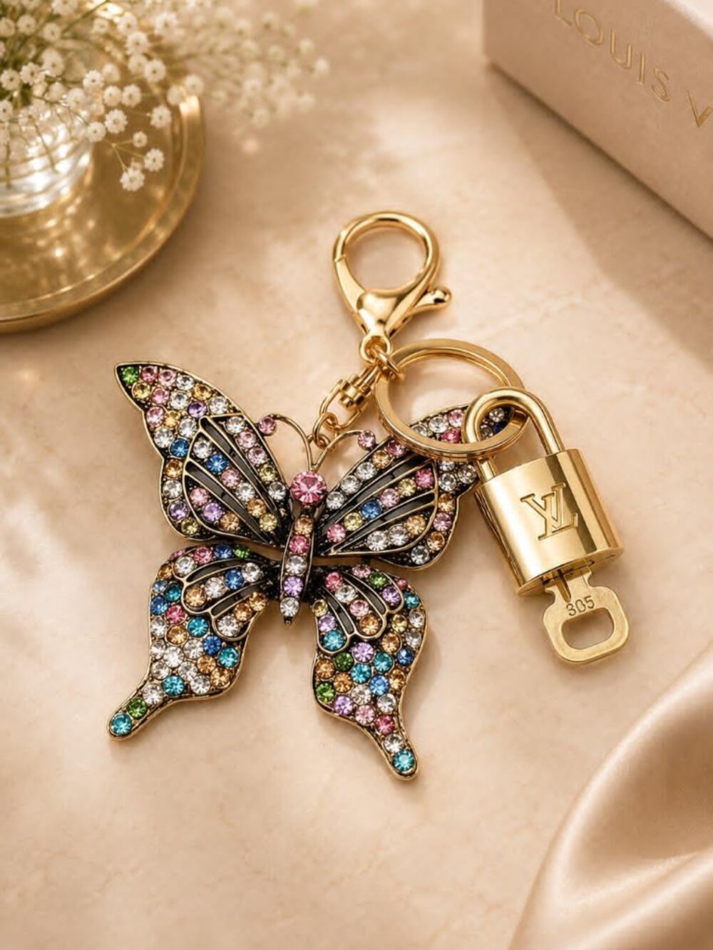 Authentic Louis Vuitton Gold Lock 🔒 Keychain Bag Unbranded Butterfly Charm LV